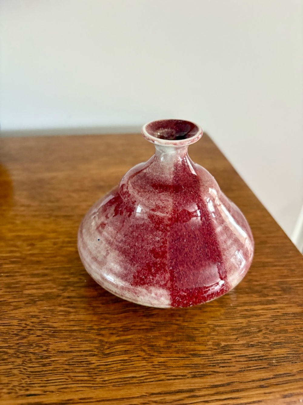 Signed Red and White Glazed Ceramic Bud Vase